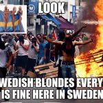 riots in sweden | LOOK; HOT SWEDISH BLONDES EVERYTHING IS FINE HERE IN SWEDEN | image tagged in riots in sweden | made w/ Imgflip meme maker