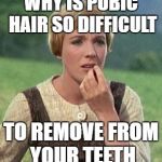 Julie Andrews confused | WHY IS PUBIC HAIR SO DIFFICULT; TO REMOVE FROM YOUR TEETH | image tagged in julie andrews confused | made w/ Imgflip meme maker