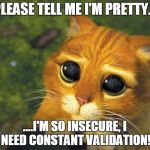 Attention Seeker | PLEASE TELL ME I'M PRETTY... ....I'M SO INSECURE, I NEED CONSTANT VALIDATION! | image tagged in pretty please cat,selfie,insecure,please,validation,attention deficit disorder | made w/ Imgflip meme maker