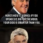 NEW TEMPLATE!!! "Jay Leno joke or bad pun" One of his jokes that I thought was funny. | A CANADIAN PSYCHOLOGIST IS  SELLING A VIDEO THAT TEACHES YOU HOW TO TEST YOUR DOG’S IQ. HERE’S HOW IT WORKS: IF YOU SPEND $12.99 FOR THE VIDEO, YOUR DOG  IS SMARTER THAN YOU. | image tagged in memes,jay leno joke or bad pun | made w/ Imgflip meme maker