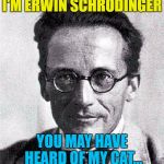 What did he do with his dog? | I'M ERWIN SCHRODINGER; YOU MAY HAVE HEARD OF MY CAT... | image tagged in schrodinger,memes,schrodingers cat,cats,animals,big bang theory | made w/ Imgflip meme maker