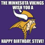 Minnesota Vikings | THE MINNESOTA
VIKINGS WISH YOU A; HAPPY BIRTHDAY, STEVE! | image tagged in minnesota vikings | made w/ Imgflip meme maker