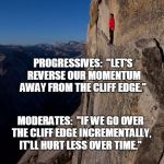 Political Positions in America | POLITICAL POSITIONS IN AMERICA... PROGRESSIVES:  "LET'S REVERSE OUR MOMENTUM AWAY FROM THE CLIFF EDGE."; MODERATES:  "IF WE GO OVER THE CLIFF EDGE INCREMENTALLY, IT'LL HURT LESS OVER TIME."; CONSERVATIVES:  "HOLD MY BEER!" | image tagged in man on cliff red jacket,progressives,moderates,conservatives,hold my beer,incrementalism | made w/ Imgflip meme maker