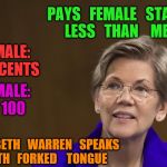Elizabeth Warren | PAYS   FEMALE   STAFF    LESS   THAN    MEN; FEMALE:   71   CENTS; MALE:   100; ELIZABETH   WARREN   SPEAKS   WITH   FORKED    TONGUE | image tagged in elizabeth warren | made w/ Imgflip meme maker
