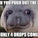 Sad Seal | WHEN YOU POUR OUT THE MILK; AND ONLY 4 DROPS COME OUT | image tagged in sad seal | made w/ Imgflip meme maker