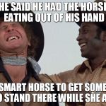 blazing saddles | HE SAID HE HAD THE HORSE EATING OUT OF HIS HAND; REAL SMART HORSE TO GET SOMEBODY TO STAND THERE WHILE SHE ATE | image tagged in blazing saddles | made w/ Imgflip meme maker