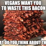 Vegans....why are they even a thing? | VEGANS WANT YOU TO WASTE THIS BACON; WHAT DO YOU THINK ABOUT THAT? | image tagged in baconmeme,bacon,vegan | made w/ Imgflip meme maker