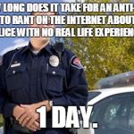 Policeman | HOW LONG DOES IT TAKE FOR AN ANTI-COP TO RANT ON THE INTERNET ABOUT POLICE WITH NO REAL LIFE EXPERIENCE? 1 DAY. | image tagged in policeman | made w/ Imgflip meme maker