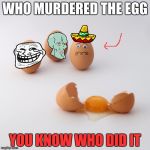Don't break the eggs! | WHO MURDERED THE EGG; YOU KNOW WHO DID IT | image tagged in don't break the eggs | made w/ Imgflip meme maker