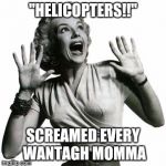 Mommas freaking out | "HELICOPTERS!!"; SCREAMED EVERY WANTAGH MOMMA | image tagged in mommas freaking out | made w/ Imgflip meme maker