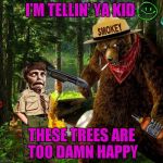 Bob Ross Wuz Here... Bob Ross Week ... A Lafonso Event | I'M TELLIN' YA KID; THESE TREES ARE TOO DAMN HAPPY | image tagged in smokey the bear drunk,memes,bob ross week,bob ross,smokey the bear says,funny | made w/ Imgflip meme maker