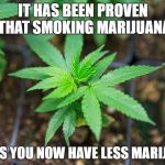 Marijuana | IT HAS BEEN PROVEN THAT SMOKING MARIJUANA; MEANS YOU NOW HAVE LESS MARIJUANA | image tagged in marijuana plant,weed,smoke weed everyday,memes,dope,dank memes | made w/ Imgflip meme maker