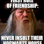 Dumbledore | FIRST RULE OF FRIENDSHIP:; NEVER INSULT THEIR HOGWARTS HOUSE | image tagged in dumbledore | made w/ Imgflip meme maker