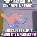 Cinderella shoe | THE GIRLS CALL ME CINDERELLA'S FOOT... ...BECAUSE I SLIP IT IN AND IT'S A PERFECT FIT. | image tagged in cinderella shoe | made w/ Imgflip meme maker