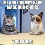 Two Grumpy Cats | ME AND GRUMPY HAVE MADE OUR CHOICE; YOUR FIRED | image tagged in two grumpy cats | made w/ Imgflip meme maker