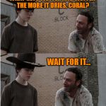 Bad Joke | CORAL; CORAL; WHAT GETS WETTER AND WETTER THE MORE IT DRIES, CORAL? WAIT FOR IT... WAIT FOR IT... A TOWEL; IT'S A TOWEL, CORAL | image tagged in bad joke | made w/ Imgflip meme maker