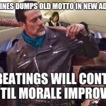 United airlines | UNITED AIRLINES DUMPS OLD MOTTO IN NEW AD CAMPAIGN. THE BEATINGS WILL CONTINUE UNTIL MORALE IMPROVES. | image tagged in united airlines | made w/ Imgflip meme maker