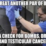 tsa security pat down | OH GREAT ANOTHER PAR OF BALLS; GOTA CHECK FOR BOMBS, DRUGS, AND TESTICULAR CANCER | image tagged in tsa security pat down | made w/ Imgflip meme maker