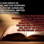 Bible | BUT HE WAS PIERCED THROUGH FOR OUR TRANSGRESSIONS,
HE WAS CRUSHED FOR OUR INIQUITIES;
THE CHASTENING FOR OUR WELL-BEING FELL UPON HIM,
AND BY HIS SCOURGING WE ARE HEALED. (ISAIAH 53:4-5); SURELY OUR GRIEFS HE HIMSELF BORE,
AND OUR SORROWS HE CARRIED;
YET WE OURSELVES ESTEEMED HIM STRICKEN,
SMITTEN OF GOD, AND AFFLICTED. | image tagged in bible | made w/ Imgflip meme maker
