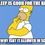 Thinking Homer | IF SLEEP IS GOOD FOR THE BRAIN; THAN WHY ISNT IT ALLOWED IN SCHOOL | image tagged in thinking homer | made w/ Imgflip meme maker