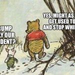 Pooh Piglet | YES, MIGHT AS WELL GET USED TO IT, AND STOP WHINING. IS TRUMP REALLY OUR PRESIDENT? | image tagged in pooh piglet | made w/ Imgflip meme maker