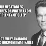 Bad Advice Arnold shares his secret to getting in shape  | EAT YOUR VEGETABLES, DRINK 5 LITRES OF WATER EACH DAY, GET PLENTY OF SLEEP; AND INJECT EVERY ANABOLIC STEROID AND HORMONE IMAGINABLE | image tagged in advice from arnold schwarzenegger,bad advice arnold schwarzenegger,bad advice,advice,exercise,arnold schwarzenegger | made w/ Imgflip meme maker