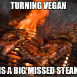 Grill | TURNING VEGAN; IS A BIG MISSED STEAK | image tagged in grill | made w/ Imgflip meme maker