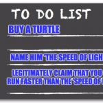 To do list | BUY A TURTLE; NAME HIM 'THE SPEED OF LIGHT'. LEGITIMATELY CLAIM THAT YOU CAN RUN FASTER THAN THE 'SPEED OF LIGHT'. | image tagged in to do list | made w/ Imgflip meme maker