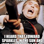 Dracula Stake | WHEN; I HEARD THAT EDWARD SPARKLES IN THE SUN AND ISN'T LIKE DRACULA AT ALL. | image tagged in dracula stake | made w/ Imgflip meme maker