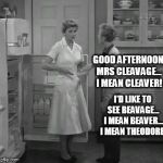 Eddie's Ready | GOOD AFTERNOON MRS CLEAVAGE... I MEAN CLEAVER! I'D LIKE TO SEE BEAVAGE... I MEAN BEAVER... I MEAN THEODORE! | image tagged in eddie and june,june cleaver,eddie haskell | made w/ Imgflip meme maker