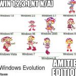 Puyo Puyo Windows Evolution-Amitie | [WIN 1,2,3.1,NT N/A]; AMITIE EDITION | image tagged in windows evolution 1-10,windows,puyo puyo,sega,windows 95,windows xp | made w/ Imgflip meme maker