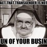 Nun of Your Business | THE FACT THAT TRANSGENDER IS NOT NEW; IS NUN OF YOUR BUSINESS | image tagged in frowning nun,transgender,lgbtq,lol so funny,funny,false teachers | made w/ Imgflip meme maker