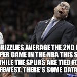 Memphis Grizzlies coach David Fizdale | THE GRIZZLIES AVERAGE THE 2ND MOST FOULS PER GAME IN THE NBA THIS SEASON. WHILE THE SPURS ARE TIED FOR THE 5TH FEWEST. THERE'S SOME DATA FOR YOU. | image tagged in memphis grizzlies coach david fizdale | made w/ Imgflip meme maker