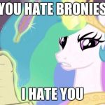 my little pony you failed the ap exam | YOU HATE BRONIES; I HATE YOU | image tagged in my little pony you failed the ap exam | made w/ Imgflip meme maker