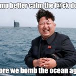 Kim Jung un | Trump better calm the f@ck down; before we bomb the ocean again. | image tagged in kim jung un | made w/ Imgflip meme maker