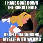 Don't be like Alice... stay out of it! | I HAVE GONE DOWN THE RABBIT HOLE; OF SELF DIAGNOSING MYSELF WITH WEBMD | image tagged in alice looking down the rabbit hole | made w/ Imgflip meme maker