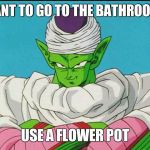 Bad teacher piccolo | WANT TO GO TO THE BATHROOM? USE A FLOWER POT | image tagged in bad teacher piccolo | made w/ Imgflip meme maker