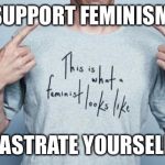 This is what a feminist looks like | SUPPORT FEMINISM, CASTRATE YOURSELF! | image tagged in this is what a feminist looks like | made w/ Imgflip meme maker