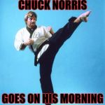 Scientists have found the answer as to why the earth spins and the rising and setting of the sun | IT'S WHEN CHUCK NORRIS; GOES ON HIS MORNING AND EVENING RUNS | image tagged in chuck norris kick,memes,funny,chuck norris | made w/ Imgflip meme maker
