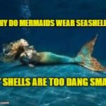 Mermaid  | WHY DO MERMAIDS WEAR SEASHELLS? "B" SHELLS ARE TOO DANG SMALL! | image tagged in mermaid | made w/ Imgflip meme maker