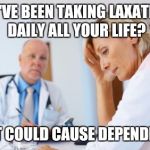 When your doctor is captain obvious | YOU'VE BEEN TAKING LAXATIVES DAILY ALL YOUR LIFE? THAT COULD CAUSE DEPENDENCY | image tagged in ashamed patient,laxative,dieting | made w/ Imgflip meme maker