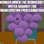 Member grapes | MEMBER WHEN THE DEMOCRATS VOTED AGAINST THE EMANCIPATION PROCLAMATION? | image tagged in member grapes | made w/ Imgflip meme maker