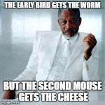 Morgan Freeman God | THE EARLY BIRD GETS THE WORM; BUT THE SECOND MOUSE GETS THE CHEESE | image tagged in morgan freeman god | made w/ Imgflip meme maker