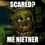 It's SpringTrap! Say Hello SpringTrap! | SCARED? ME NIETHER | image tagged in it's springtrap say hello springtrap | made w/ Imgflip meme maker