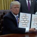 Executive Orderer In Chief | HERE'S AN EXECUTIVE ORDER FOR THAT! OH I CAN'T DO THAT, HUH? WELL GUESS WHAT... | image tagged in trump executive order blank,donald trump,executive order,at least he half-assed tried,checks and balances,bitch | made w/ Imgflip meme maker