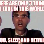 TALKING HEADS | THERE ARE ONLY 3 THINGS I LOVE IN THIS WORLD; FOOD, SLEEP, AND NETFLIX!! | image tagged in talking heads | made w/ Imgflip meme maker
