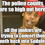 Hide Yo Kids Hide Yo Wife Meme | The pollen counts are so high out here, all the junkies are trying to convert their meth back into Sudafed. | image tagged in memes,hide yo kids hide yo wife | made w/ Imgflip meme maker