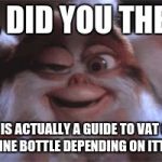 drunk gremlin | HEY, DID YOU THERE? HERE IS ACTUALLY A GUIDE TO VAT GOOS IN ON WINE BOTTLE DEPENDING ON ITTH THAPE | image tagged in drunk gremlin | made w/ Imgflip meme maker