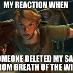 Link Legend of Zelda Yelling | MY REACTION WHEN; SOMEONE DELETED MY SAVE FROM BREATH OF THE WILD | image tagged in link legend of zelda yelling | made w/ Imgflip meme maker