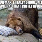Sleepless Bear | OH MAN, I REALLY SHOULDN'T HAVE HAD THAT COFFEE IN JUNE. | image tagged in sleep,bear,funny,memes | made w/ Imgflip meme maker
